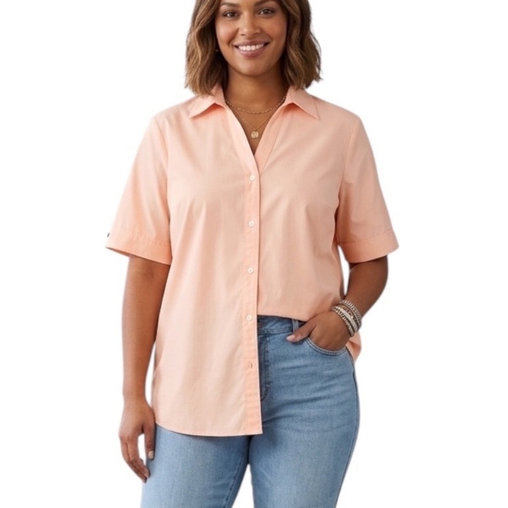 Karen Scott Sport Peach 100% Cotton Short Sleeve Button Down Shirt Womens Medium